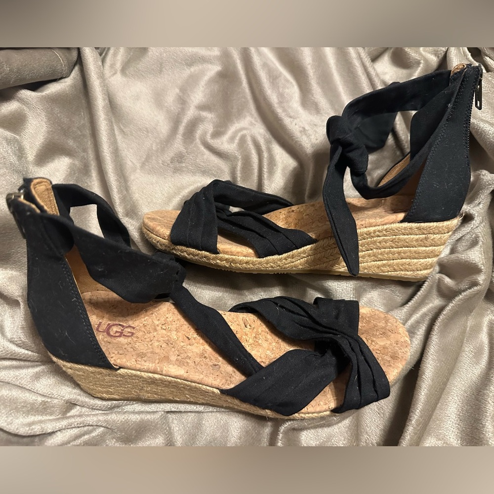 Ugg Traci Espadrille Wedge Natural BlackWrap Ankle Back Zip Casual Sandals 8